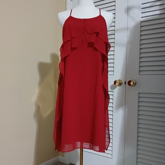 BCBGeneration red spaghetti strap fully lined sheer ruffled front easy care - Picture 1 of 16